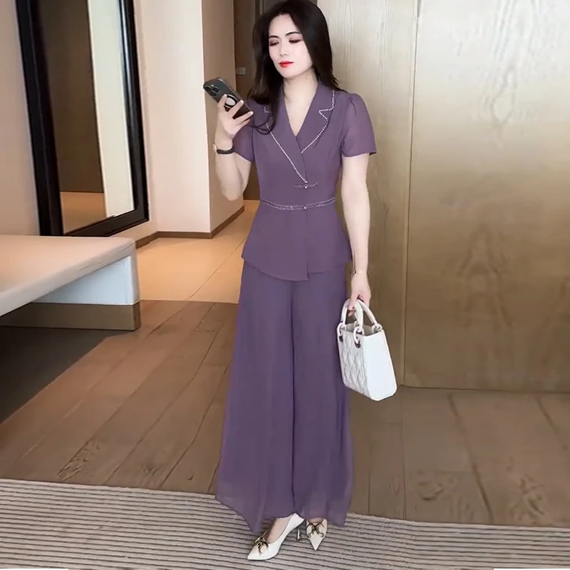 时尚雪纺休闲套装女2025夏季新短袖盘扣国风上衣阔腿裤显瘦两件套