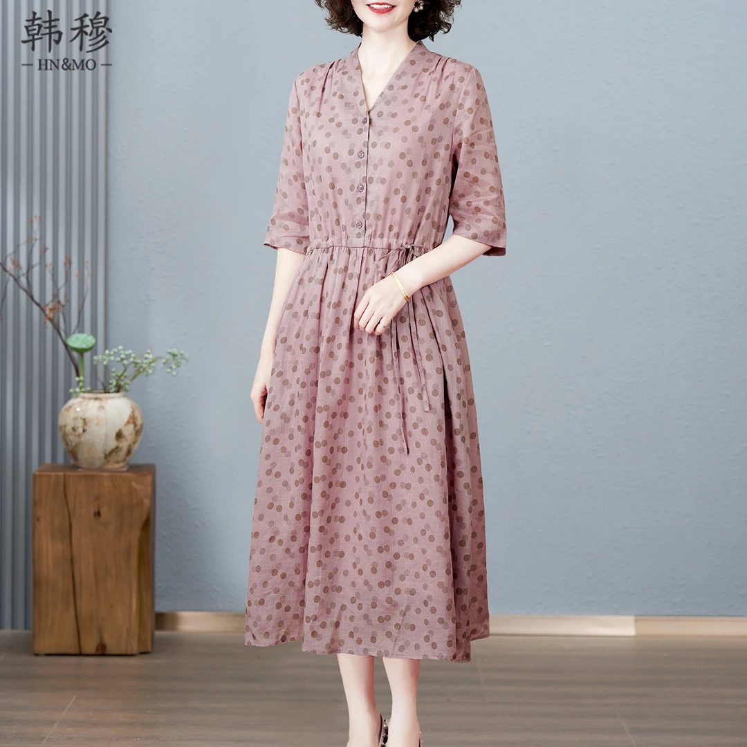 韩穆时尚波点苎麻连衣裙女2025夏季新款气质女装流行爆款宽松裙子