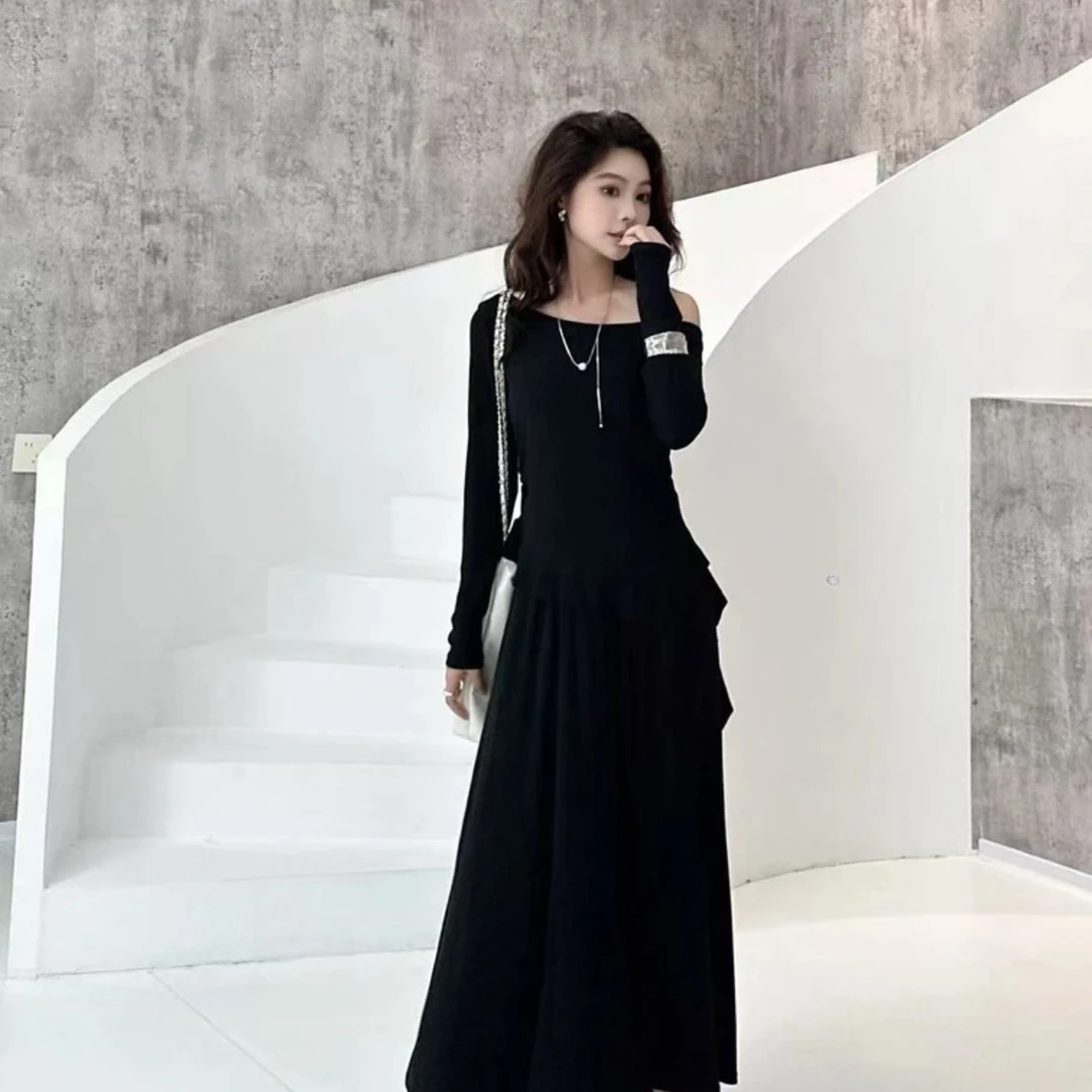 155法式不规则修身显瘦V领长袖T恤女时尚高腰垂感半身裙两件套装