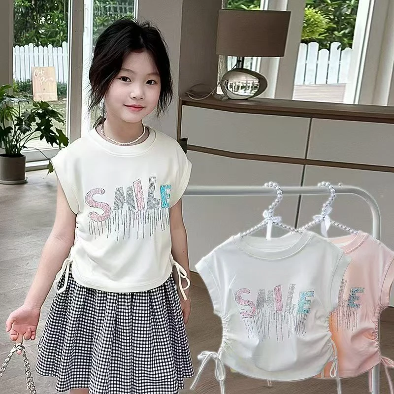 女童无袖宽肩背心女孩子短袖T恤烫金工艺辣妹背心