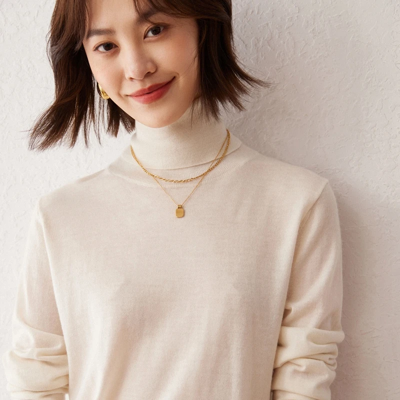 【100%纯山羊绒衫】高翻领68支3股精纺女秋冬薄款简约显瘦内搭针织