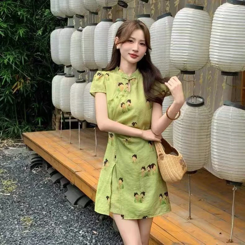 【晴儿家】新中式国风设计款改良旗袍收腰显瘦短裤套装两件套8060