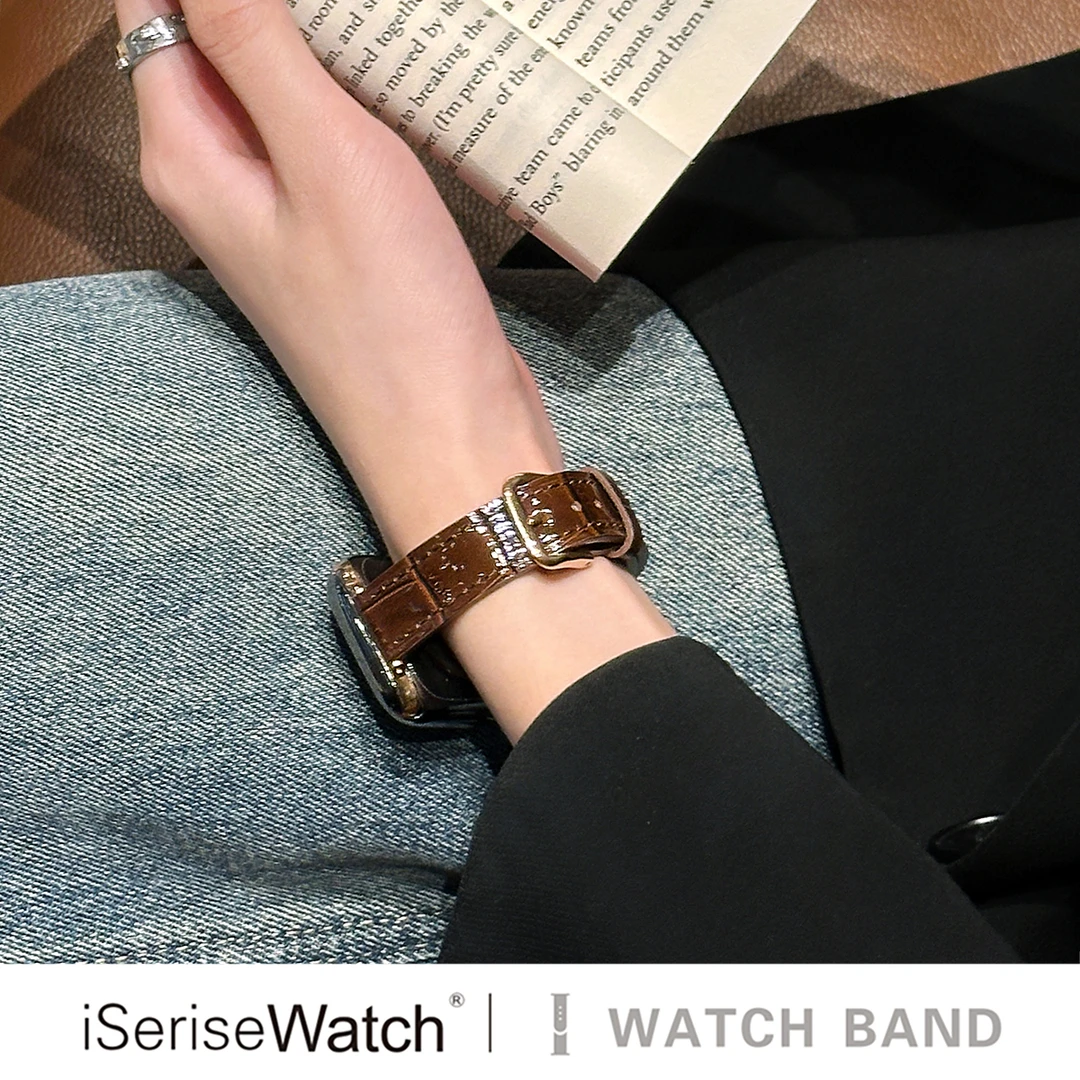 iserisewatch适用于apple watchs11表带竹节纹亮面皮质苹果手表