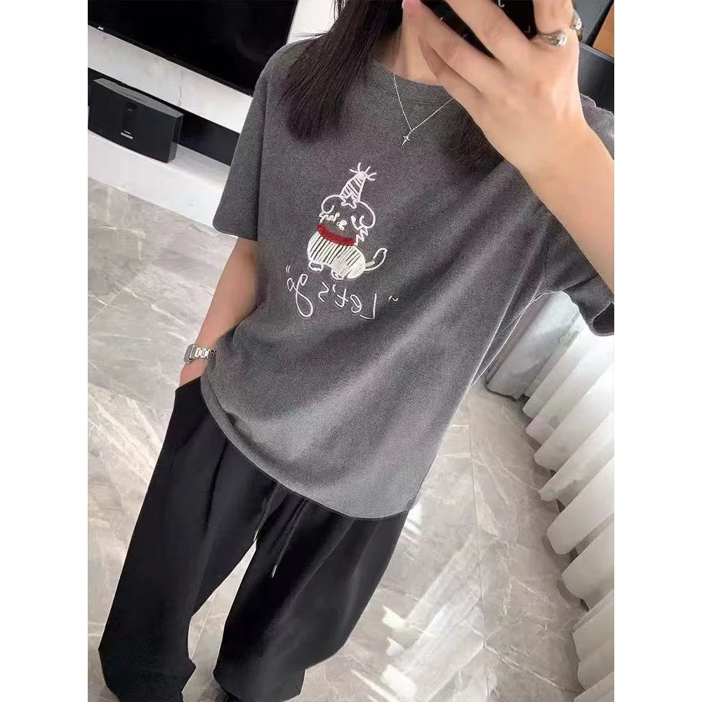 韩系百搭【卡通刺绣小狗】夏季新款宽松显瘦短袖T恤女上衣25065