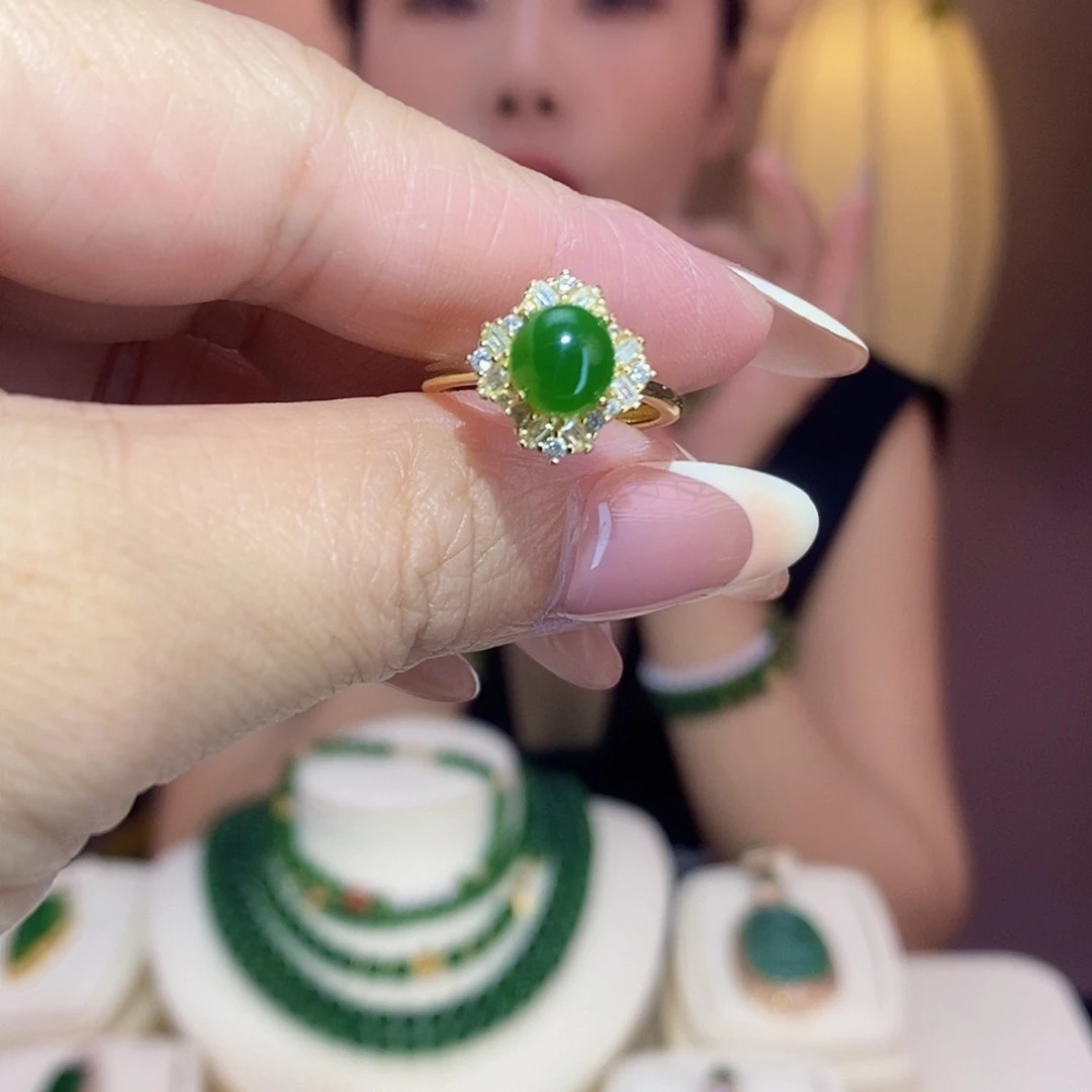银S925镀金镶嵌戒指和田玉（碧玉）