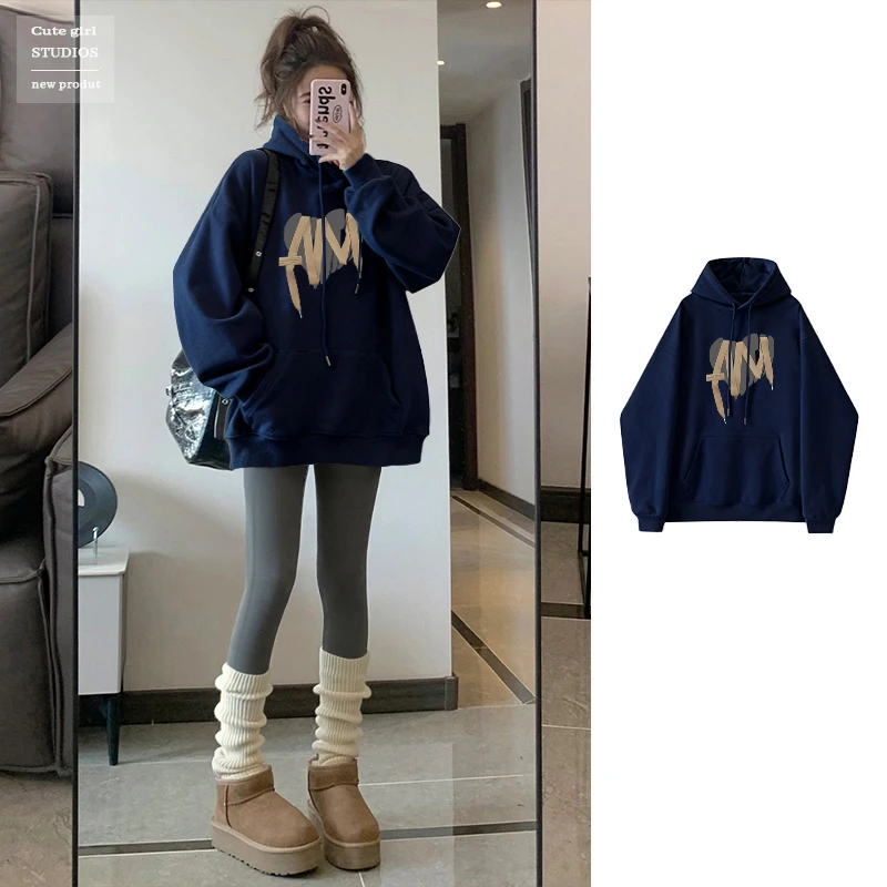 连帽白色卫衣女2025新款爆款秋冬宽松加绒加厚中长款正肩上衣外套