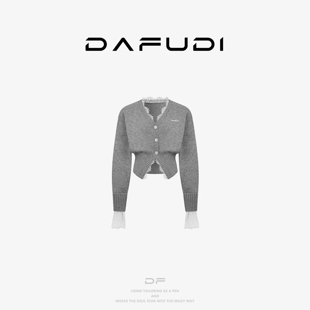 达芙笛【外套】25秋冬V领设计蕾丝拼接收腰毛织开衫上衣女Z7850