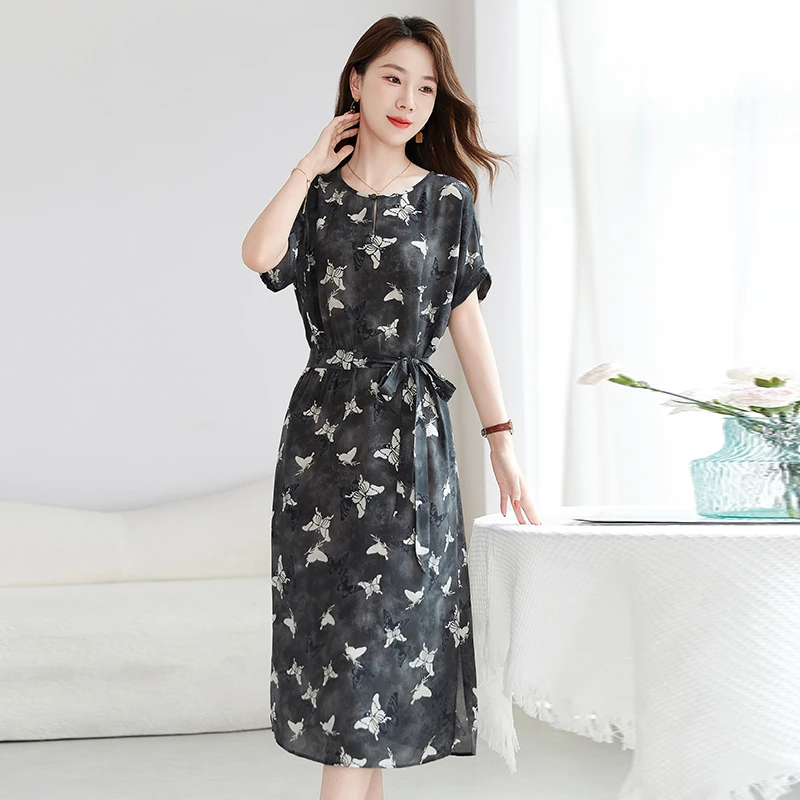 真丝连衣裙女夏2025新款桑蚕丝法式收腰碎花杭州丝绸显瘦妈妈长裙