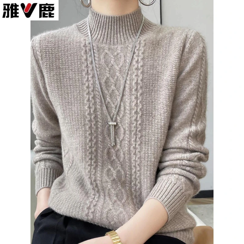 雅鹿高端品牌半高领纯衫女秋冬加厚软糯高级感时尚洋气中年羊毛衣