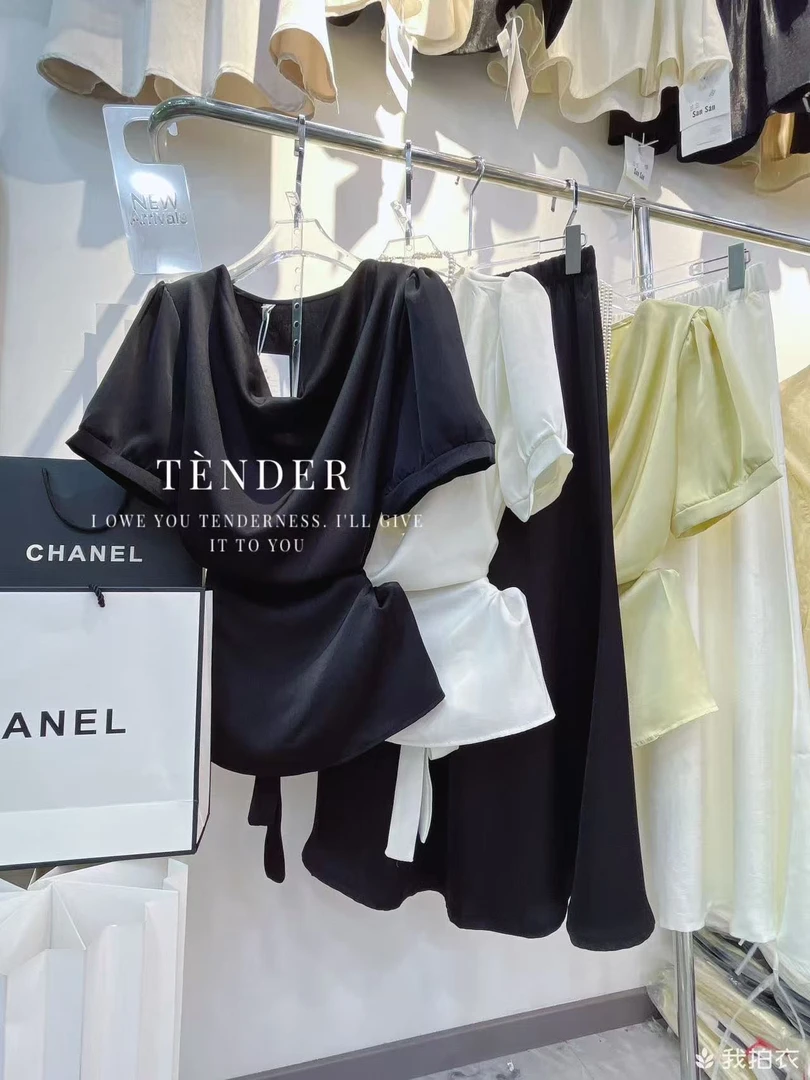 荡领系带收腰显瘦醋酸缎面肌理感泡泡袖半袖上衣女夏季新款3