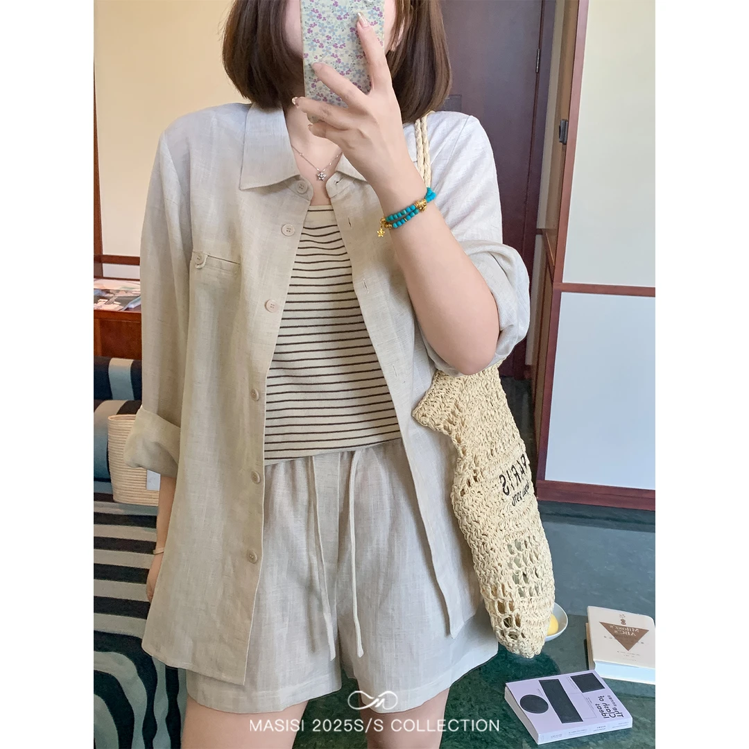 马西西大码女装亚麻休闲衬衫套装夏季胖mm休闲衬衫宽松短裤两件套