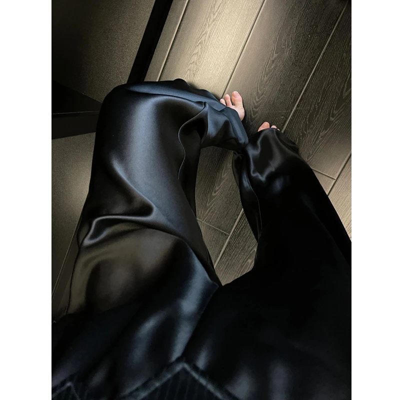 裤长112cm高个子加长黑色醋酸裤女夏季高级感冰丝缎面直筒拖地裤