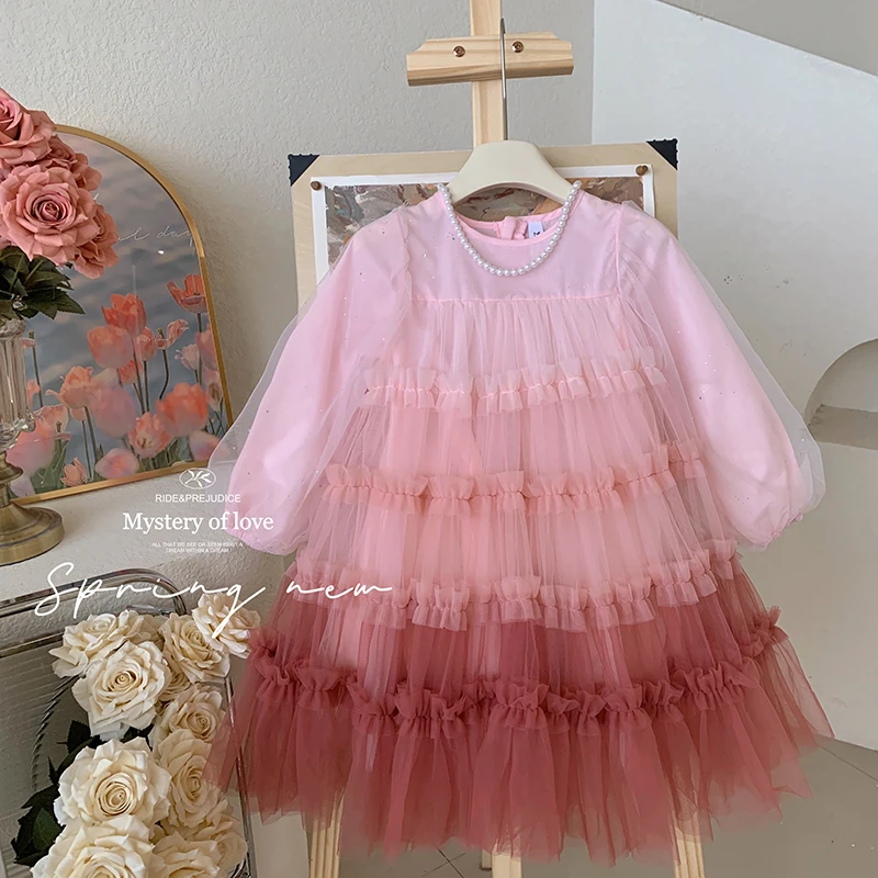 【本妈】“浪漫意志”女童洋气泡泡袖撞色拼接网纱连衣裙L2807 35