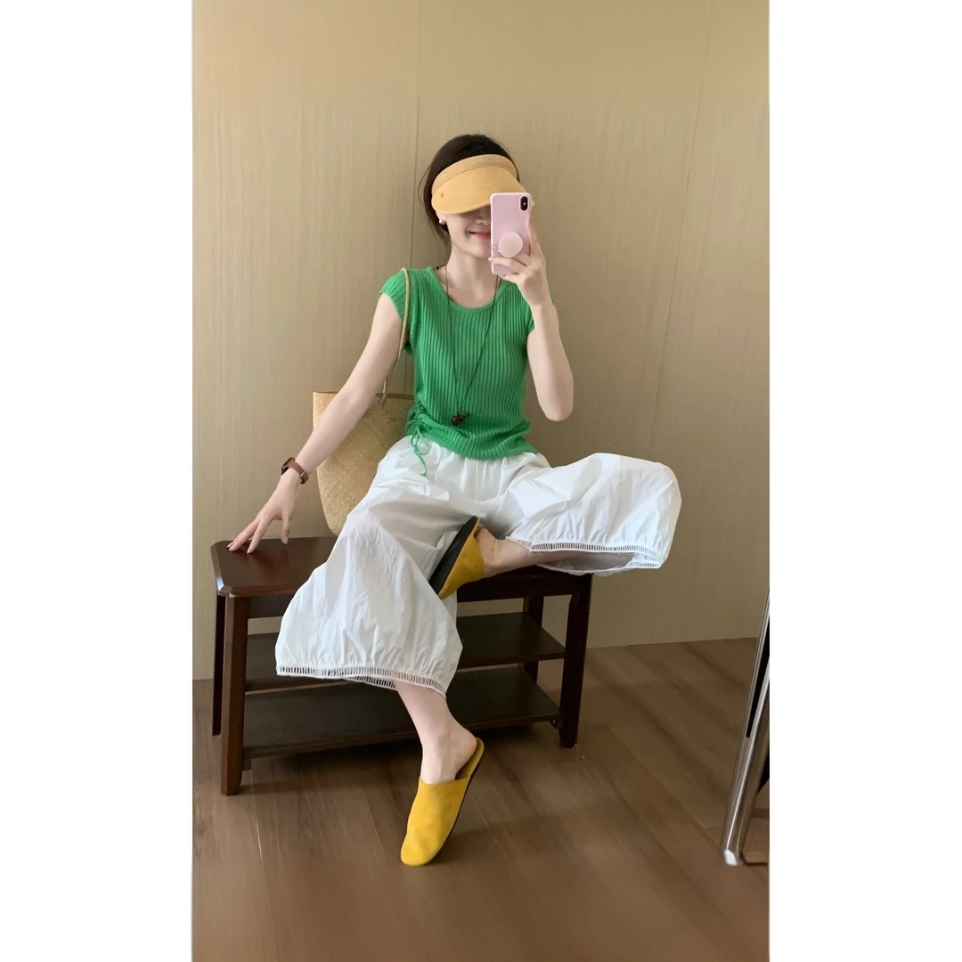 2025新款爆款千金清冷感贵系衣服纯欲慵懒风绿色上衣白色裤子套装