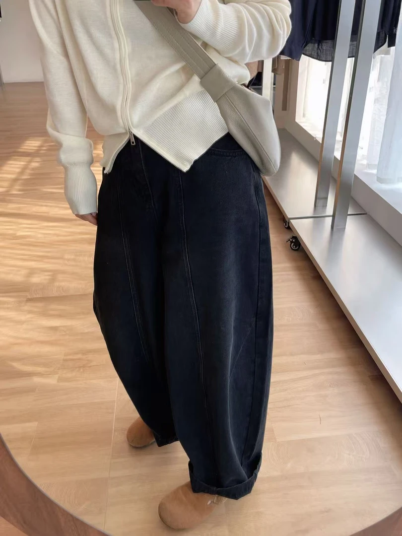 秋冬长裤常规休闲风拼接女水洗牛仔裤磨毛百搭洋气