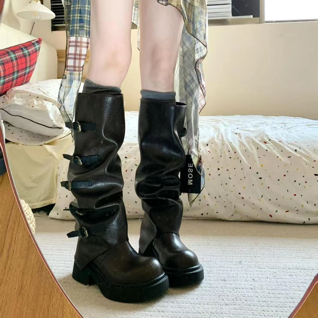 废土风不过膝长筒靴女高筒骑行靴覆古堆堆靴裤管靴美拉德夏季靴子