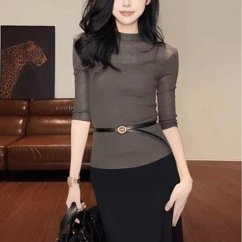 半高领网纱中袖打底上衣女纯色感极致舒适圆领百搭T恤