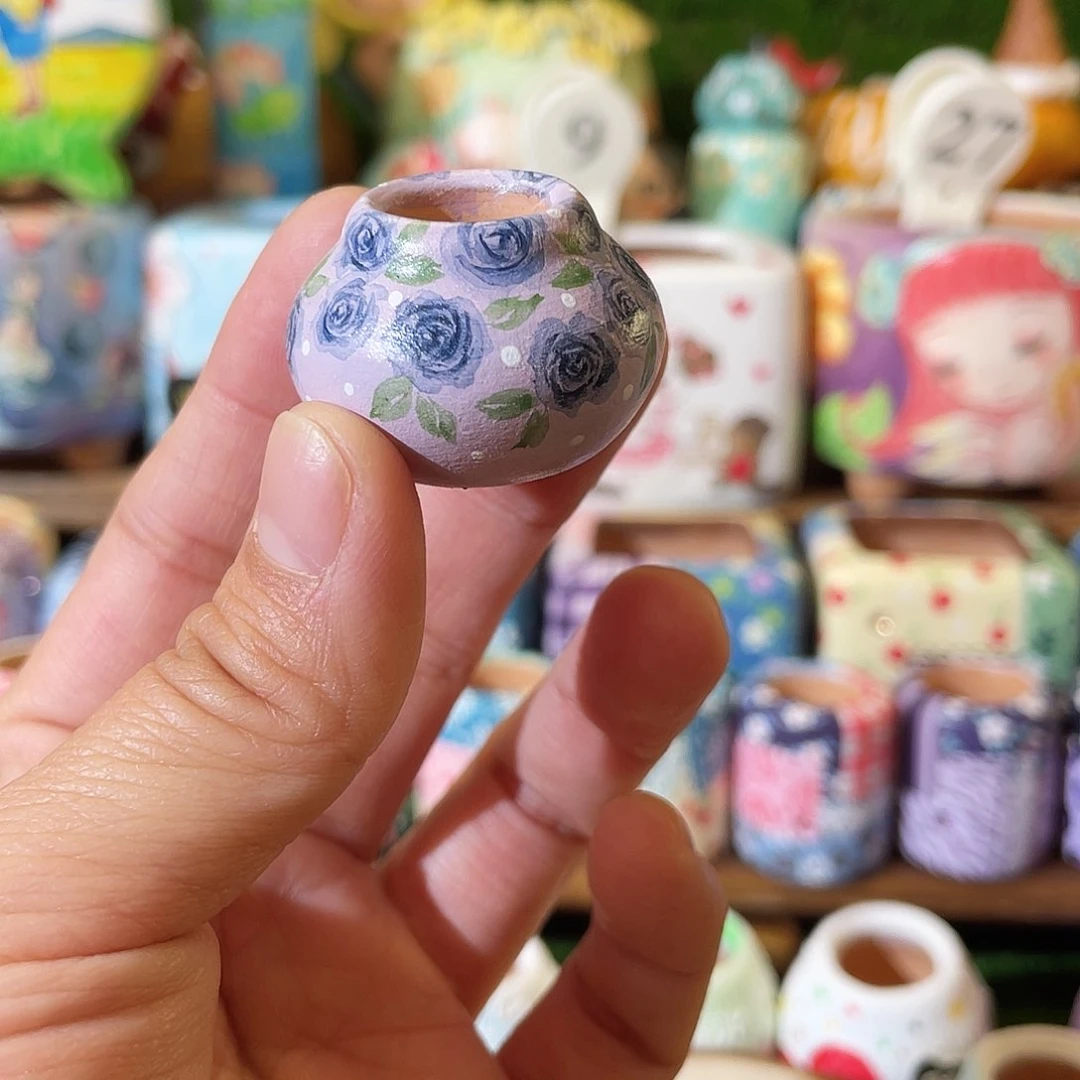 红陶手工……手绘小小拇指盆紫色