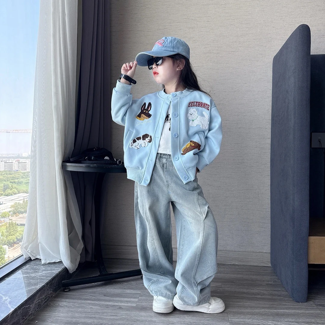 女童春秋季新款韩版毛巾绣棒球服外套中大童女孩百搭牛仔直筒裤潮