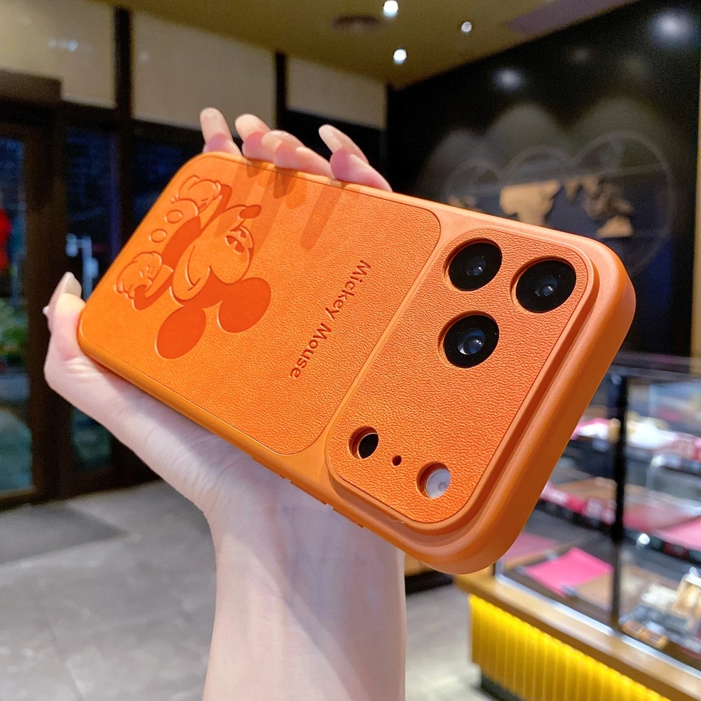 大视窗潮牌米奇橙色皮质磨砂适用苹果17promax/16/15/14/13手机壳