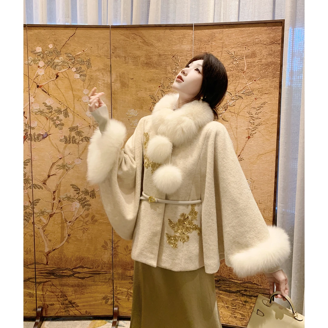 果果家 新中式厚款碎花保暖女毛呢外套2025轻奢时尚秋冬毛呢大衣