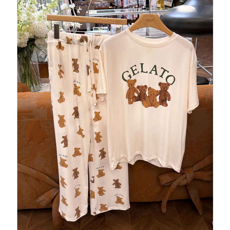 米诗缇【g家四只小熊白色短袖长裤】 潮牌设计可外穿短袖长裤家居服