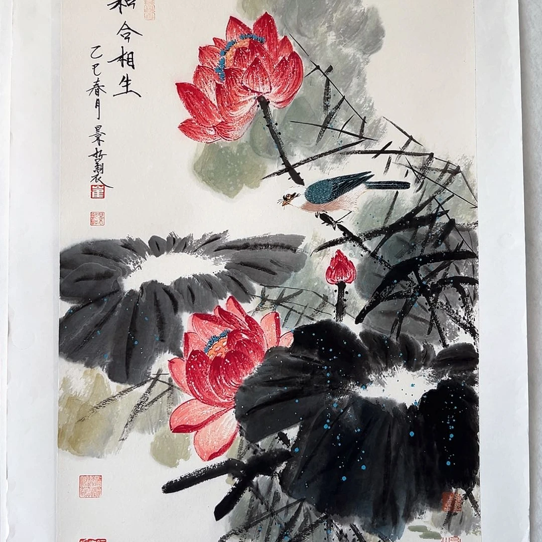 国画写意荷花带工笔鸟