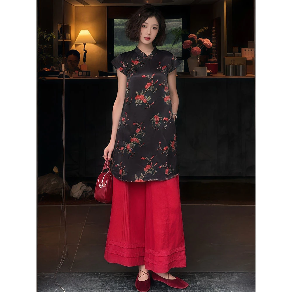 新中式国风套装女夏季2025年新款中长款提花旗袍短袖阔腿裤两件套