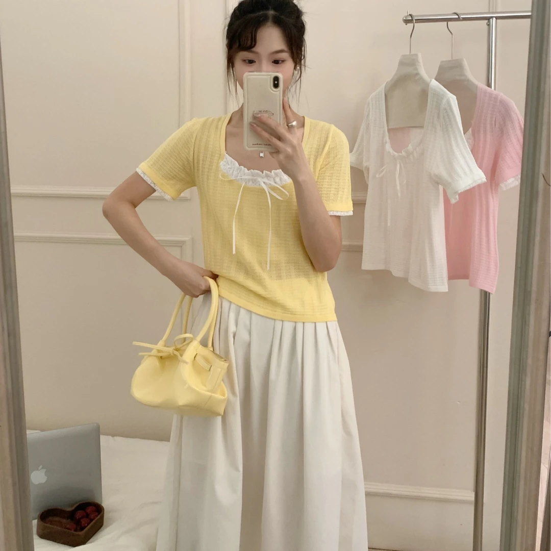 纯欲ins方领木耳系带短袖t恤女夏季甜辣妹小个子内搭打底法式上衣