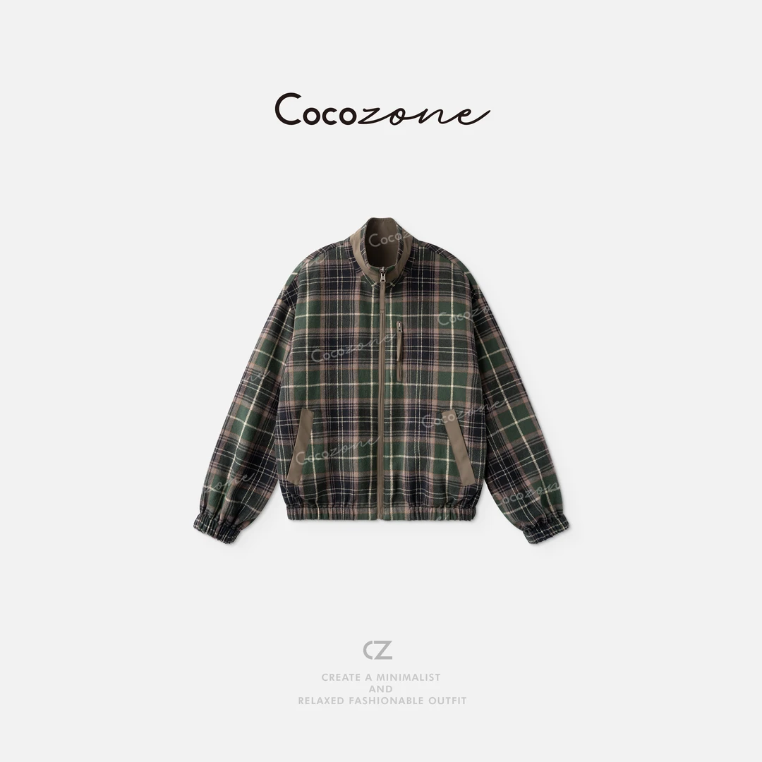 COCO ZONE 刘一一 “两面穿松绿”格纹立领拉链长袖外套 CD1A1308