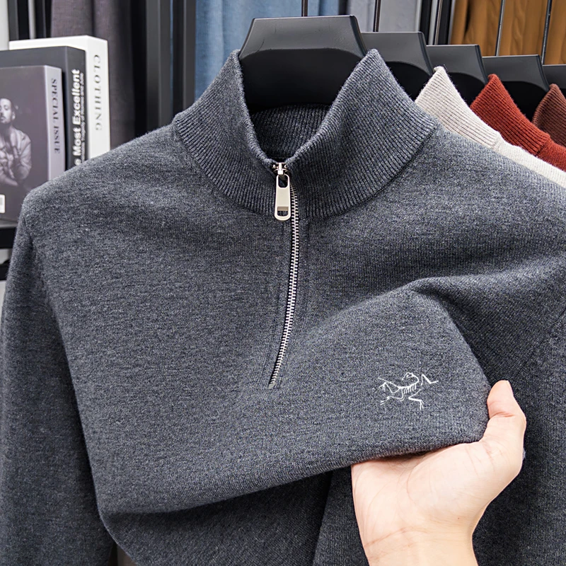 【奥莱清仓】新款刺绣鸟家拉链领100绵羊毛针织衫商务休闲男士毛衣