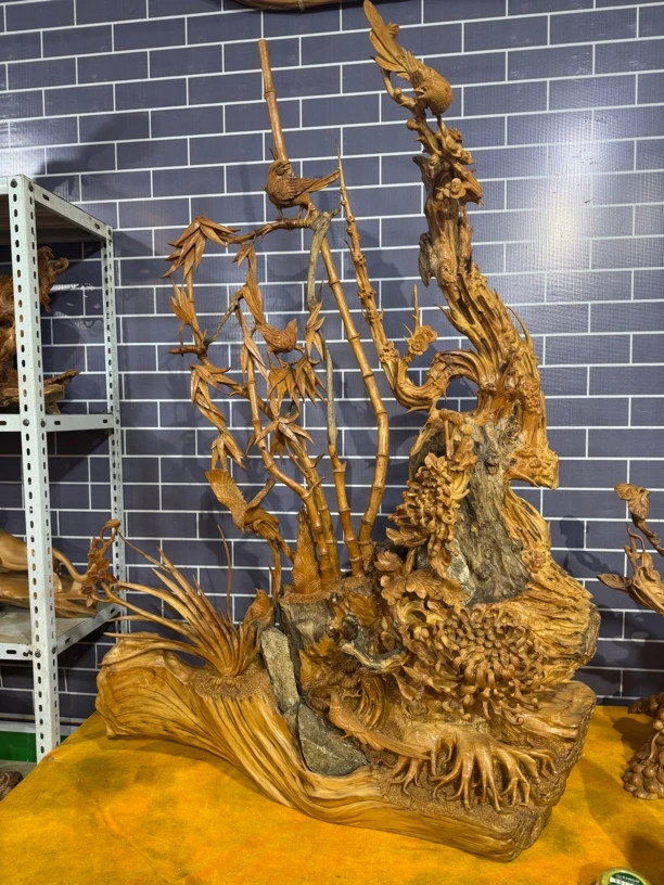 梅兰竹菊！太行崖柏精美精雕抱石雕刻工艺品家居装饰摆件