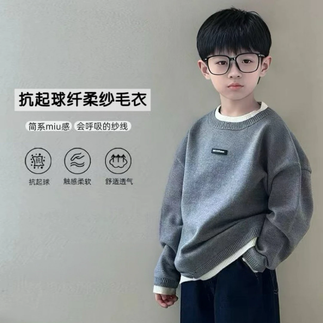 韩版新款保暖男女童套头毛衣2025秋冬款洋气假两件针织毛衣