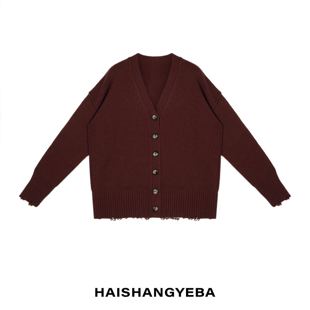 【海上叶爸】新款2024春秋百搭羊毛V领开衫宽松长袖针织衫