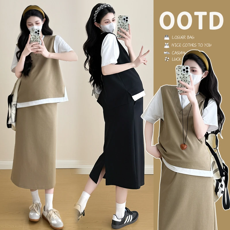 孕妇套装2025夏季新款潮妈高级感假两件上衣半身裙两件套洋气时髦