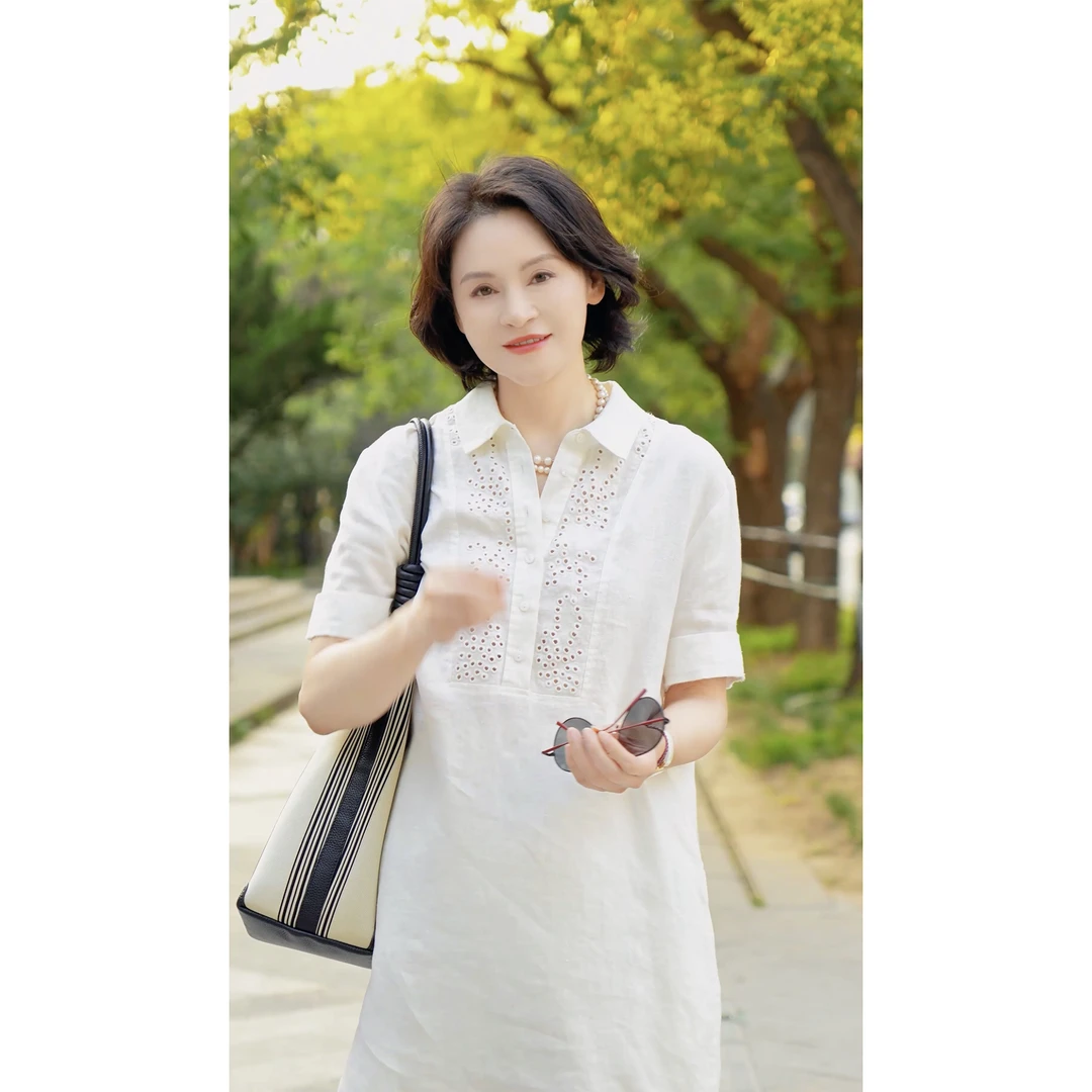 我是摩羯 私服衣橱 100亚麻6万针镂空刺绣开叉H型夏连衣裙