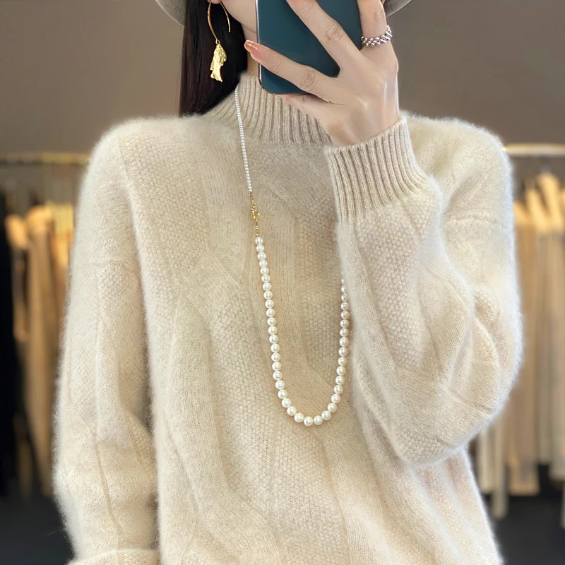 羊毛加厚高领毛内搭洋气半高领女针织女士镂空提花衫