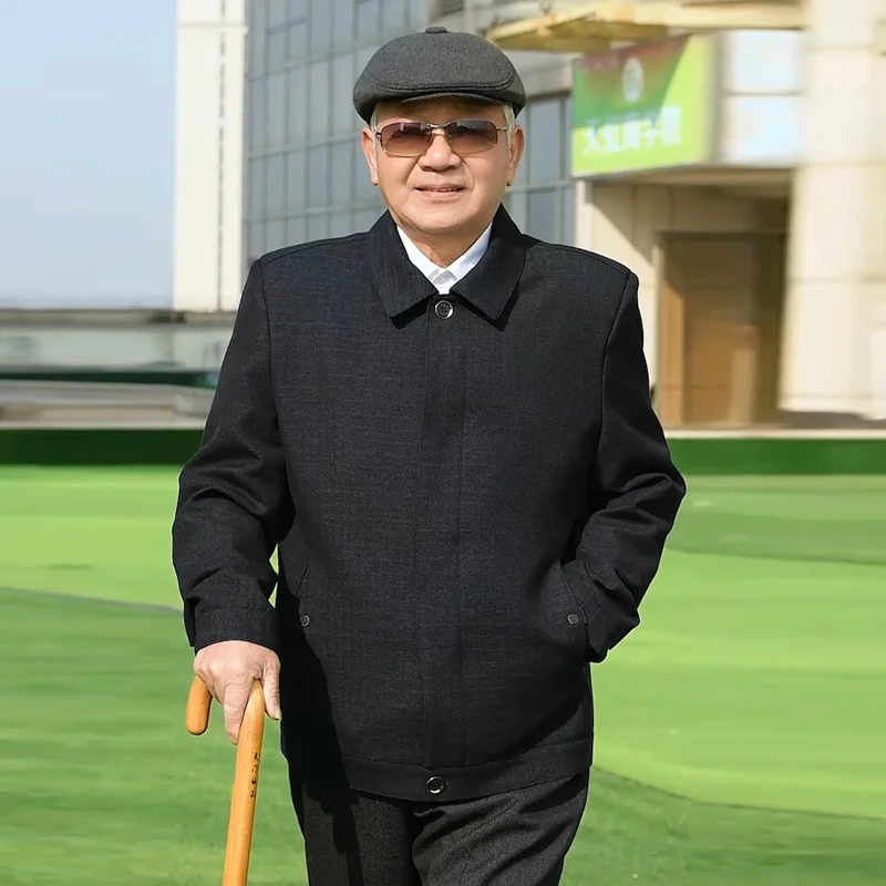 春秋爸爸装外套中老年男装翻领老年人宽松休闲夹克扣子款爷爷装