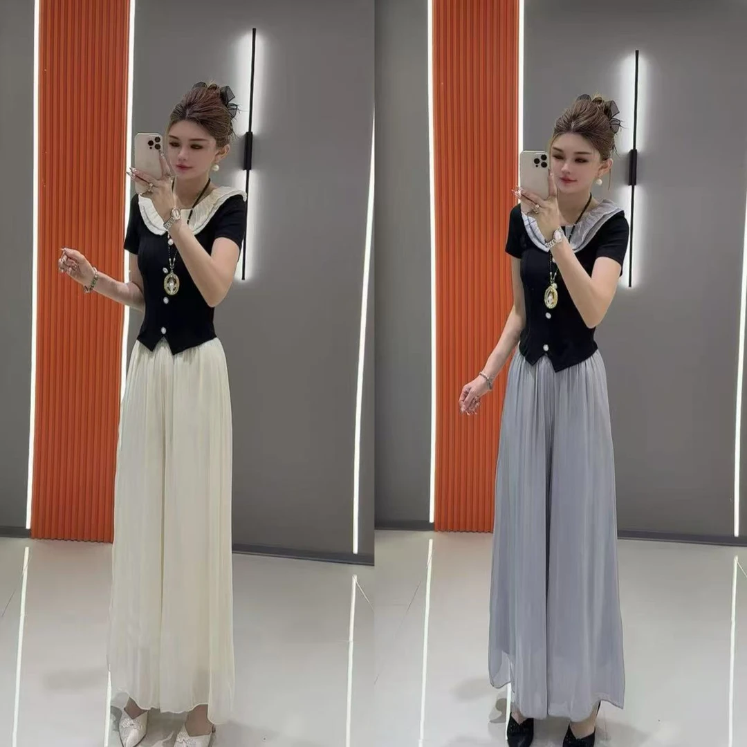 8183 法式娃娃领单排扣开叉短袖上衣 加气质网纱阔腿长裤两件套