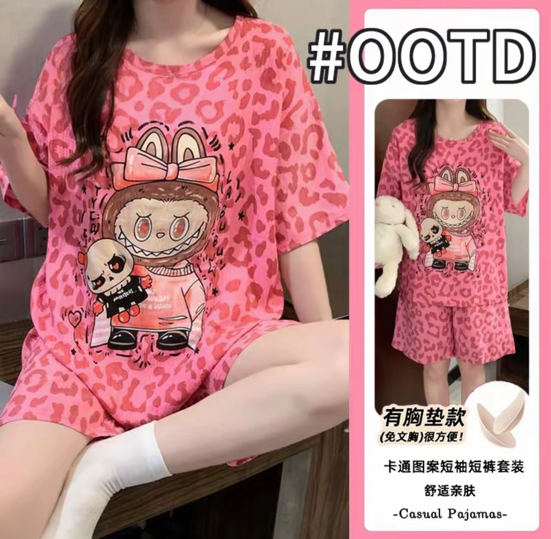 带胸垫云朵棉豹纹拉布布夏季睡衣女士短袖家居服3061【后背无图案】