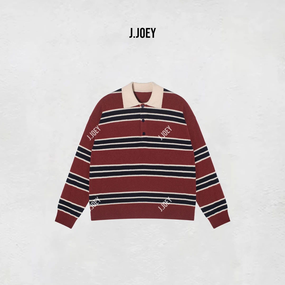 J.JOEY 100羊毛撞色条纹翻领毛衣简约感冬季内搭黑色条纹上衣0786