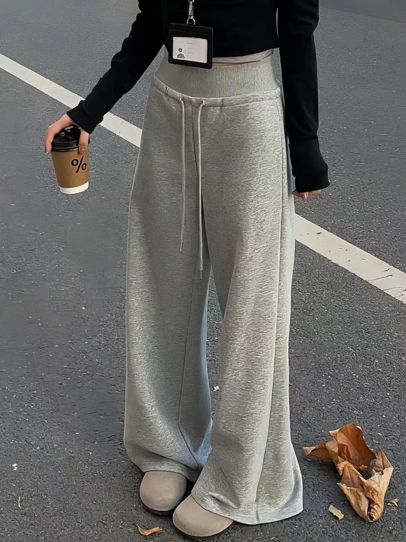 宽腰抽绳运动卫裤女2025新款高腰显瘦垂感休闲阔腿裤白色慵懒口袋