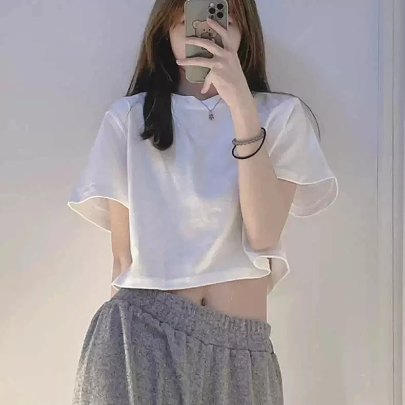 胖mm短款短袖T恤女装夏季2025年新款宽松大码高腰露脐200斤上衣服