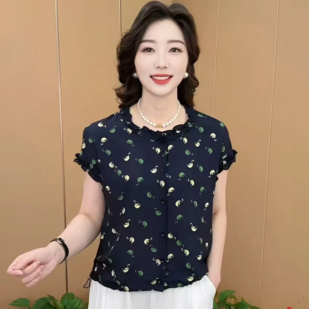 圆领花边设计气质百搭夏季休闲短袖套头衫小天鹅花型