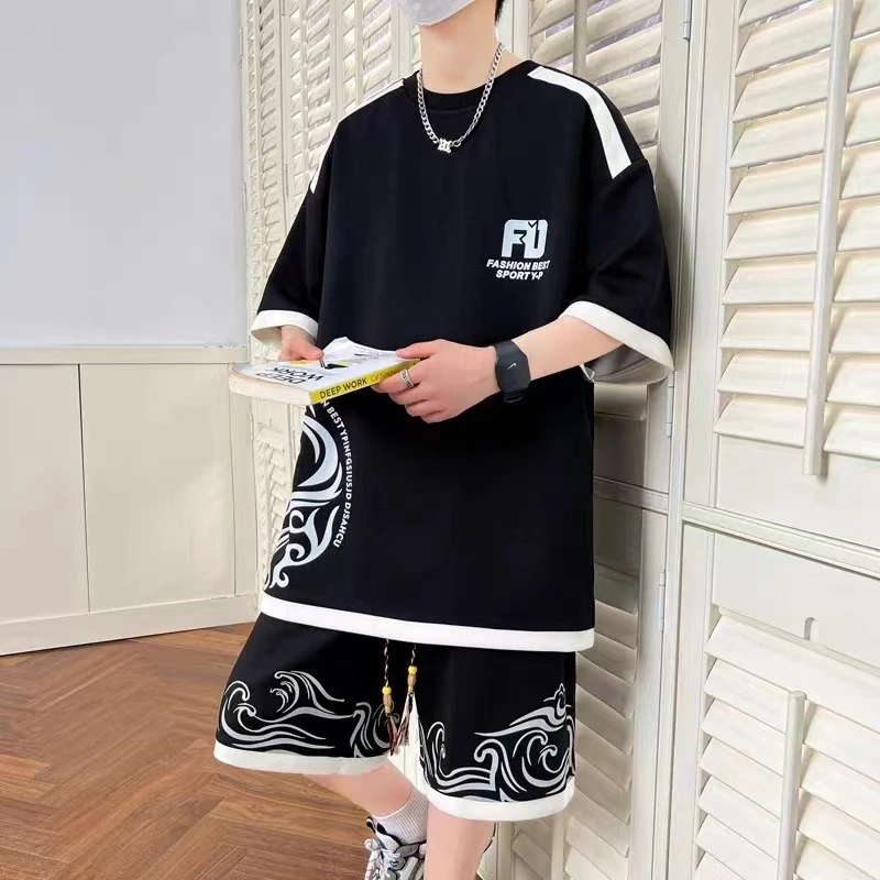 大码男装夏季运动套装男孩短袖t恤短裤两件套青少年大童帅气衣服