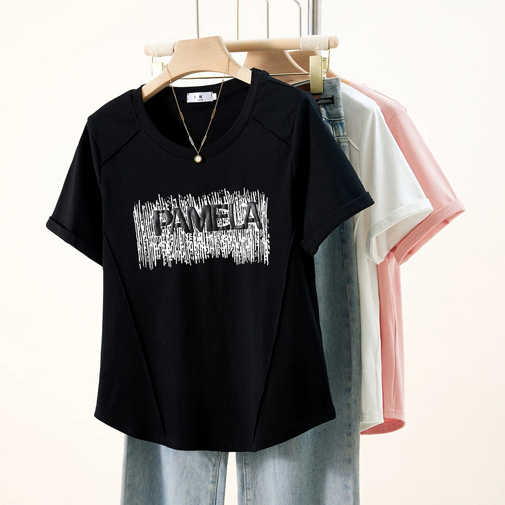 2025夏装新款胖mm大码女韩版简约百搭正肩印花字母短袖T恤