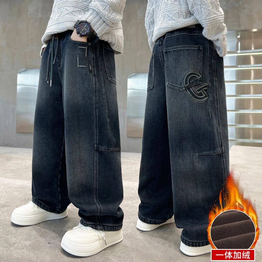 男童裤子秋冬款牛仔裤痞帅风2025新款大童一体绒直筒裤儿童长裤