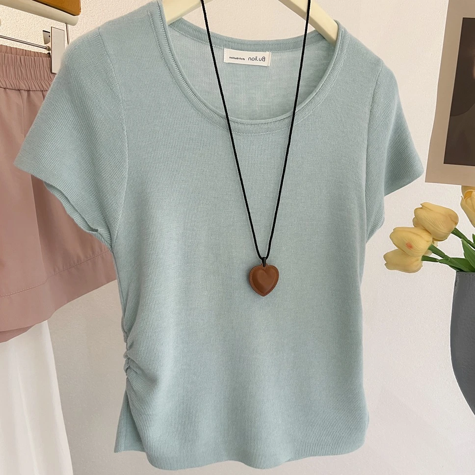 韩系新款针织小飞袖正肩短袖T恤小个子褶皱收腰气质上衣薄款女