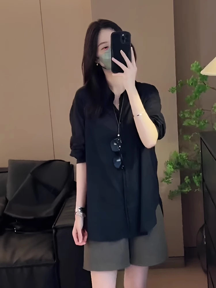 黑色薄款防晒衬衫2025新款女夏季宽松显瘦设计感气质长袖开衫上衣