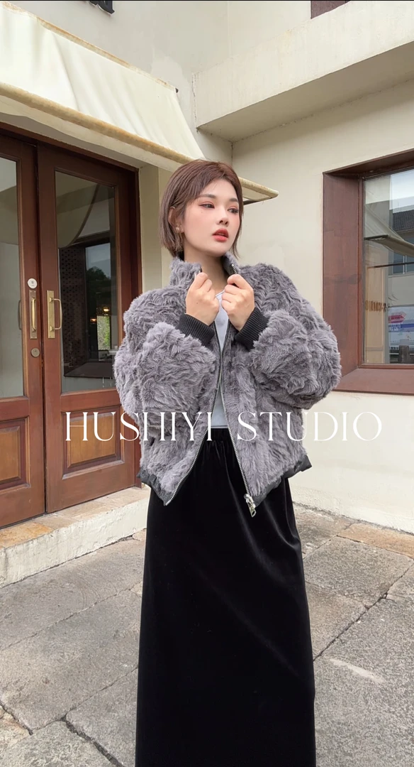 【半岛铁盒】HELEVEN2025冬季新款进口双面穿花小湖羊立领外套